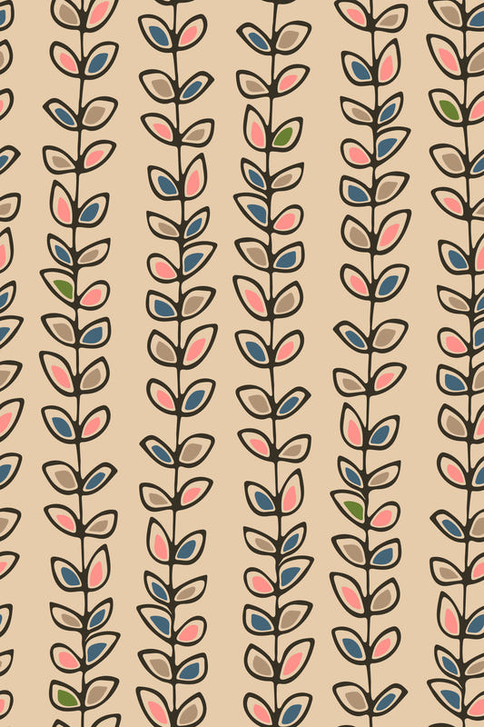 Climbing Vines Stripe Retro Leaves Cream Wallpaper⁠