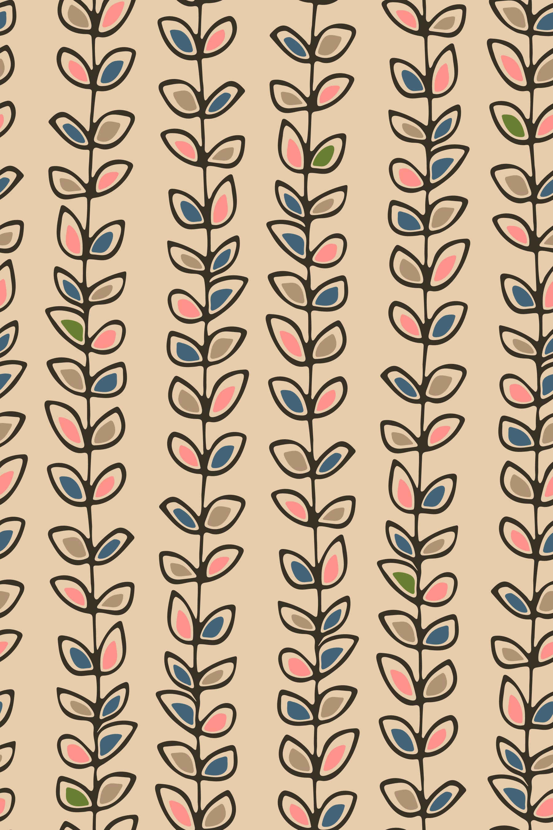 Climbing Vines Stripe Retro Leaves Cream Wallpaper⁠ in your room — zoomed