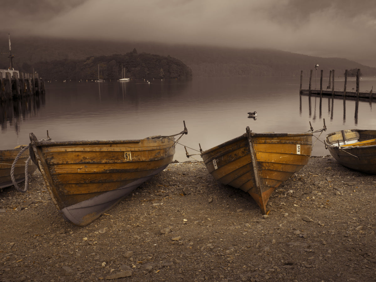 Lake Boats in Sepia Wall Mural in your room