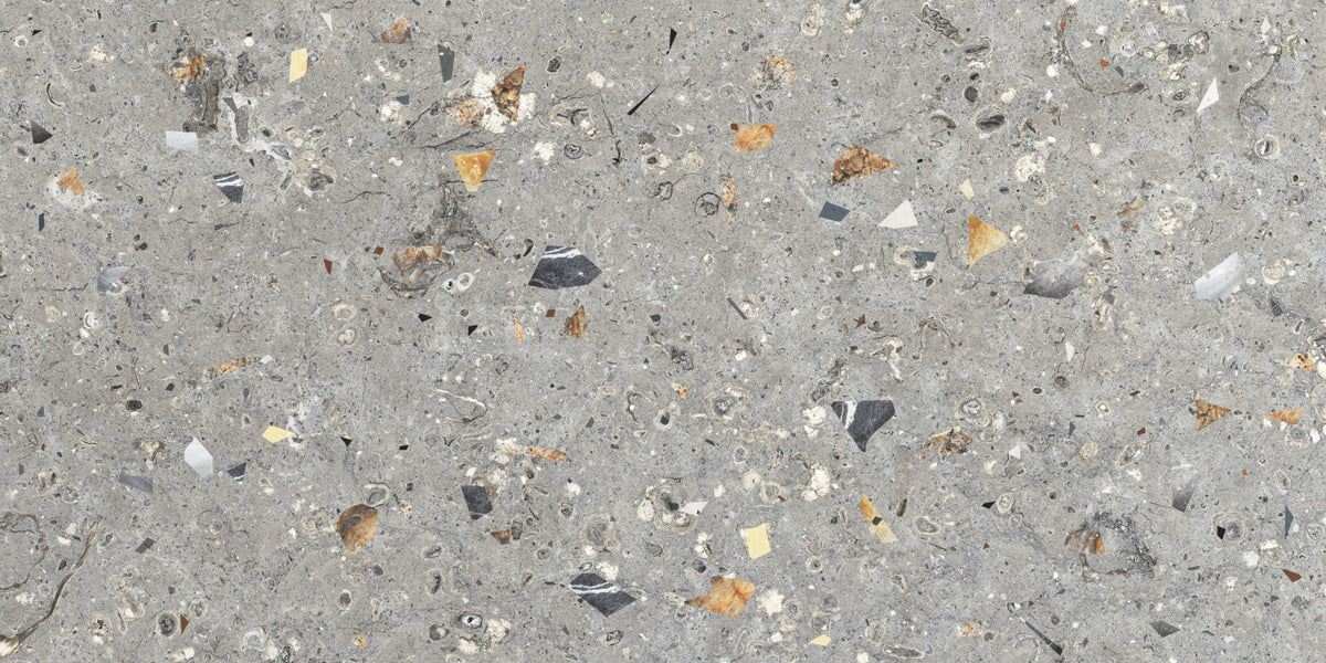 Fossil Stone Grey Terrazzo Texture Wall Mural in your room — zoomed