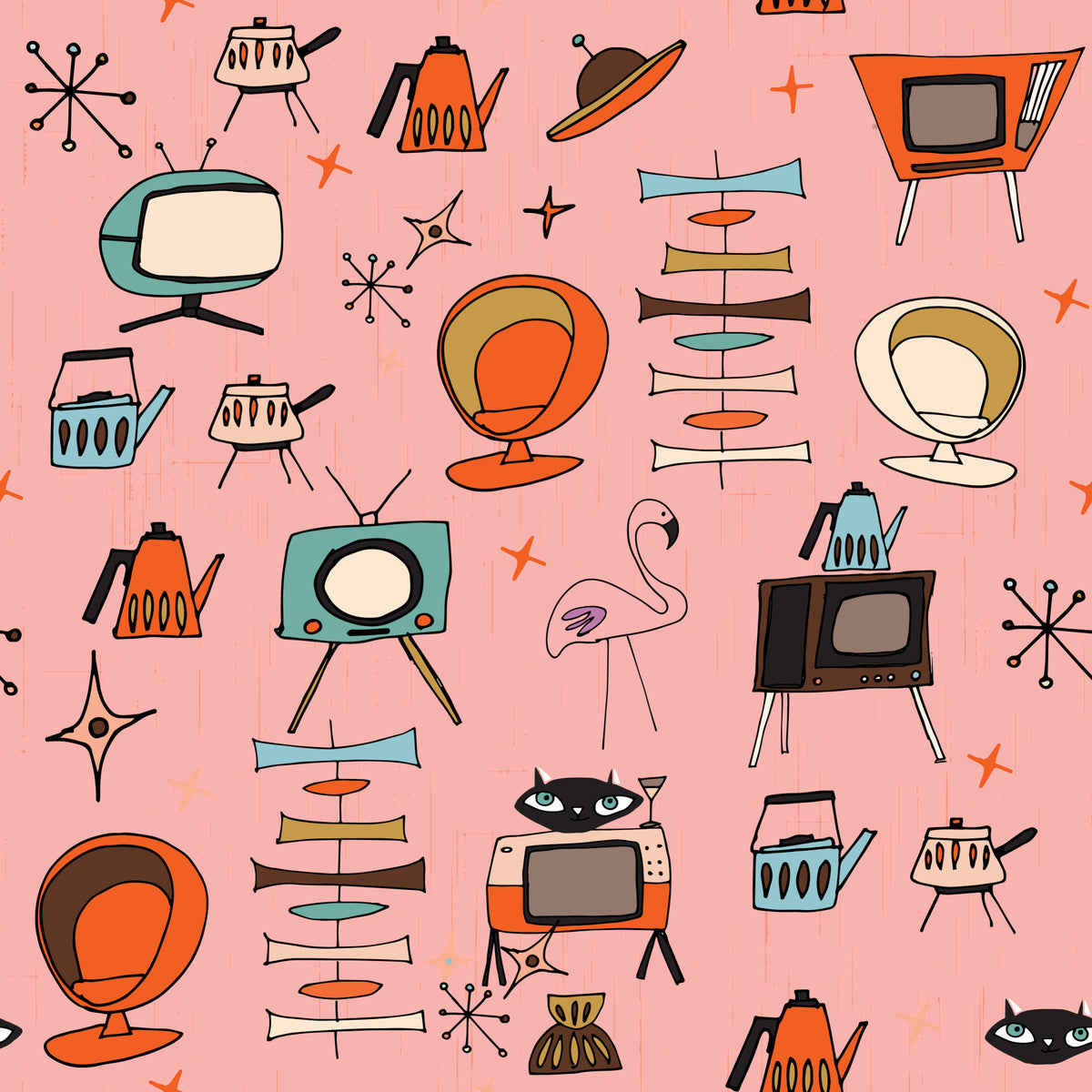 Atomic Retro Living Kitsch Pink Wallpaper⁠ in your room — zoomed