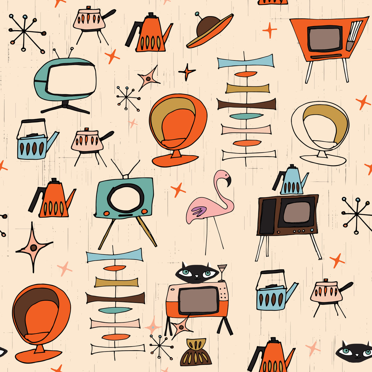 Atomic Retro Living Kitsch Beige Wallpaper⁠ in your room