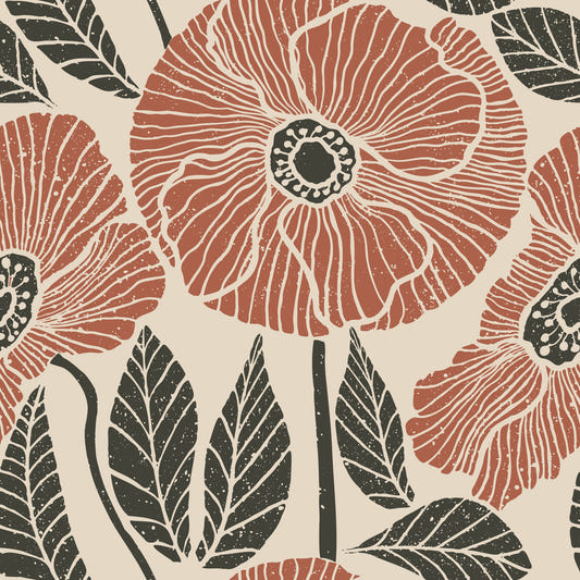 Poppy Floral Modern Rustic Block Wallpaper⁠