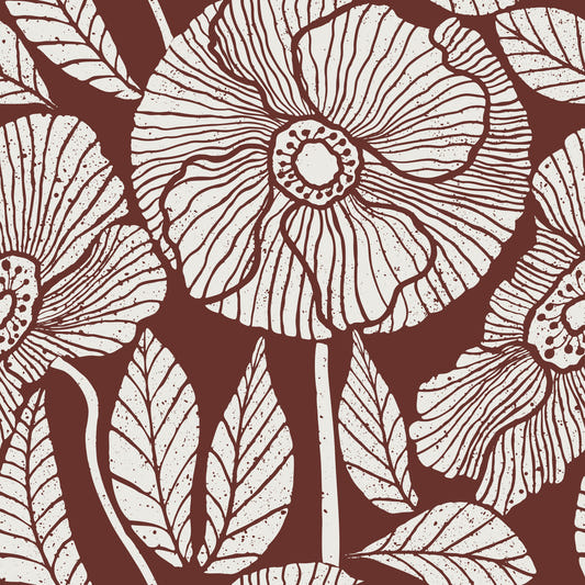Poppy Floral Modern Burgundy Block Wallpaper⁠