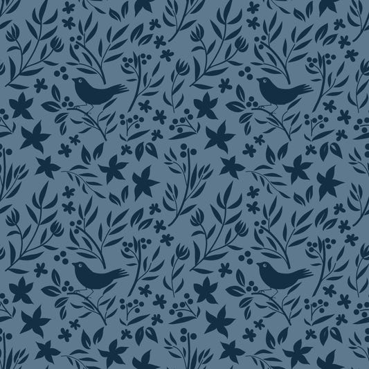 Blue Scandinavian Folk Bird Botanical Wallpaper⁠