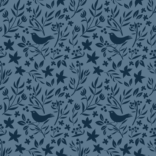 Blue Scandinavian Folk Bird Botanical Wallpaper⁠