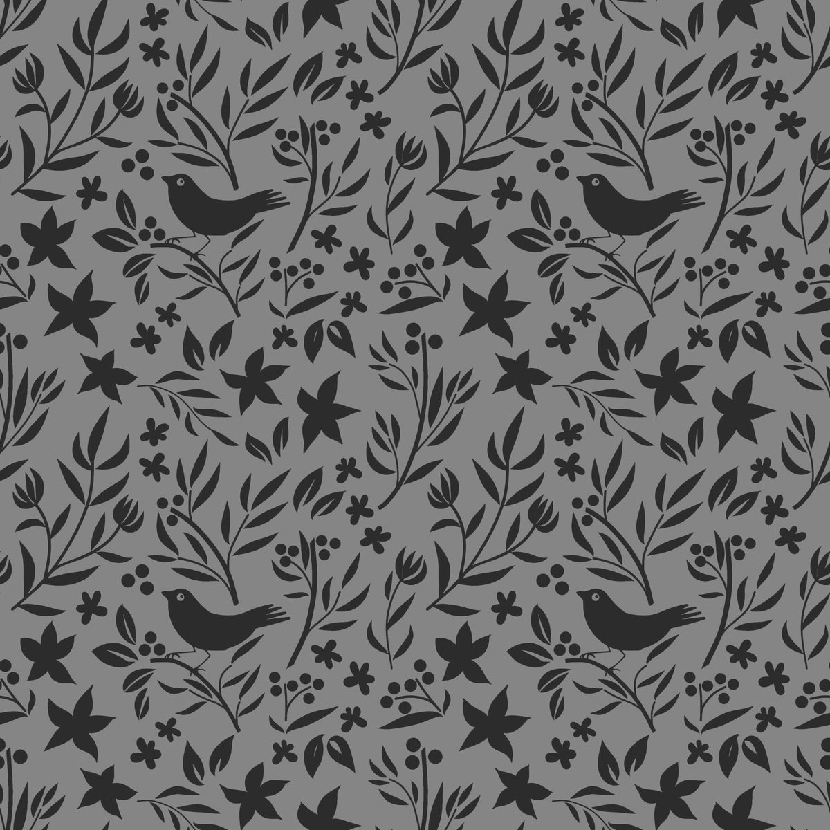 Gray Scandinavian Folk Bird Botanical Theme Wallpaper⁠