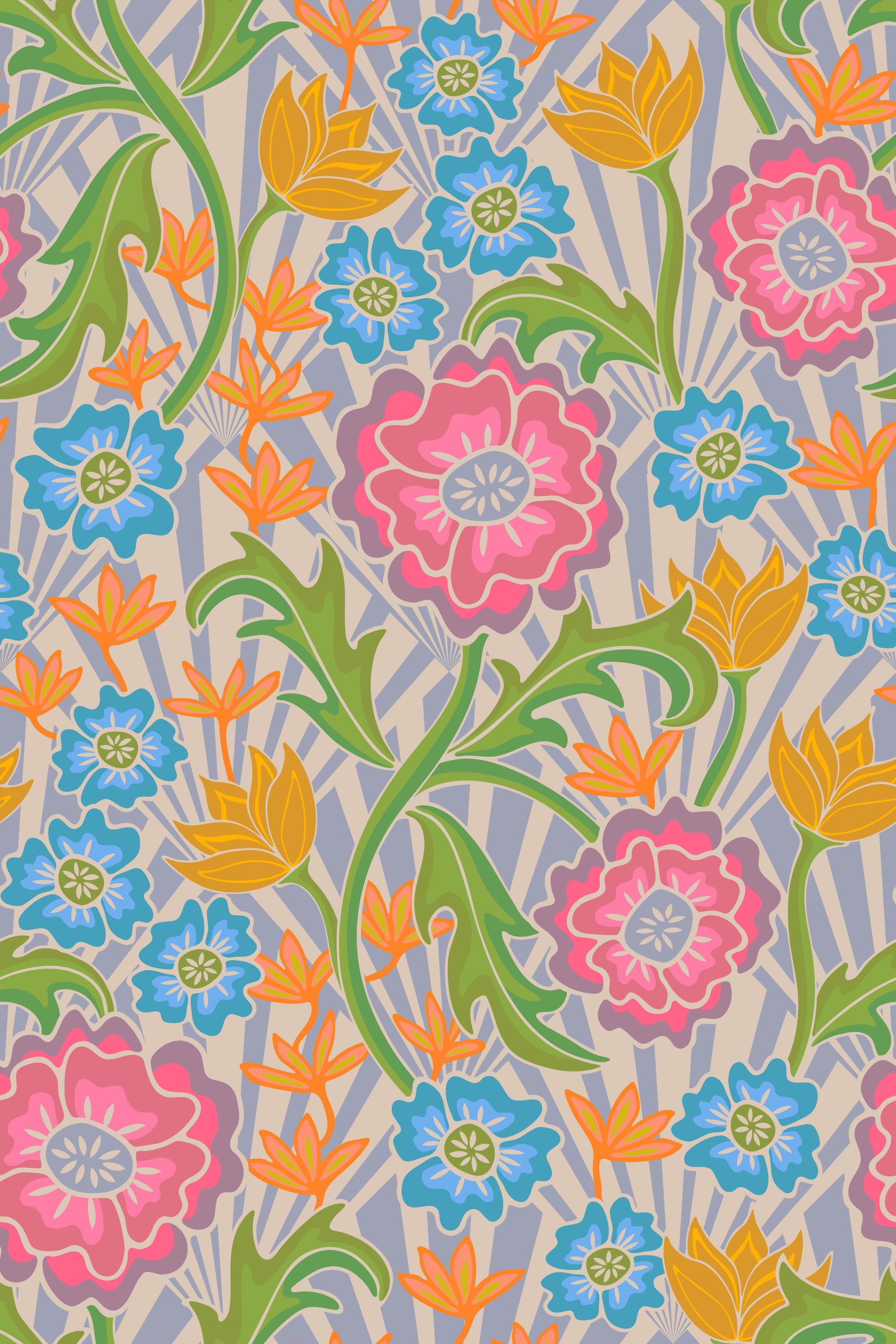 Maybelle Art Nouveau Floral Deco Geometric Retro Pink Orange Blue Green Wallpaper⁠