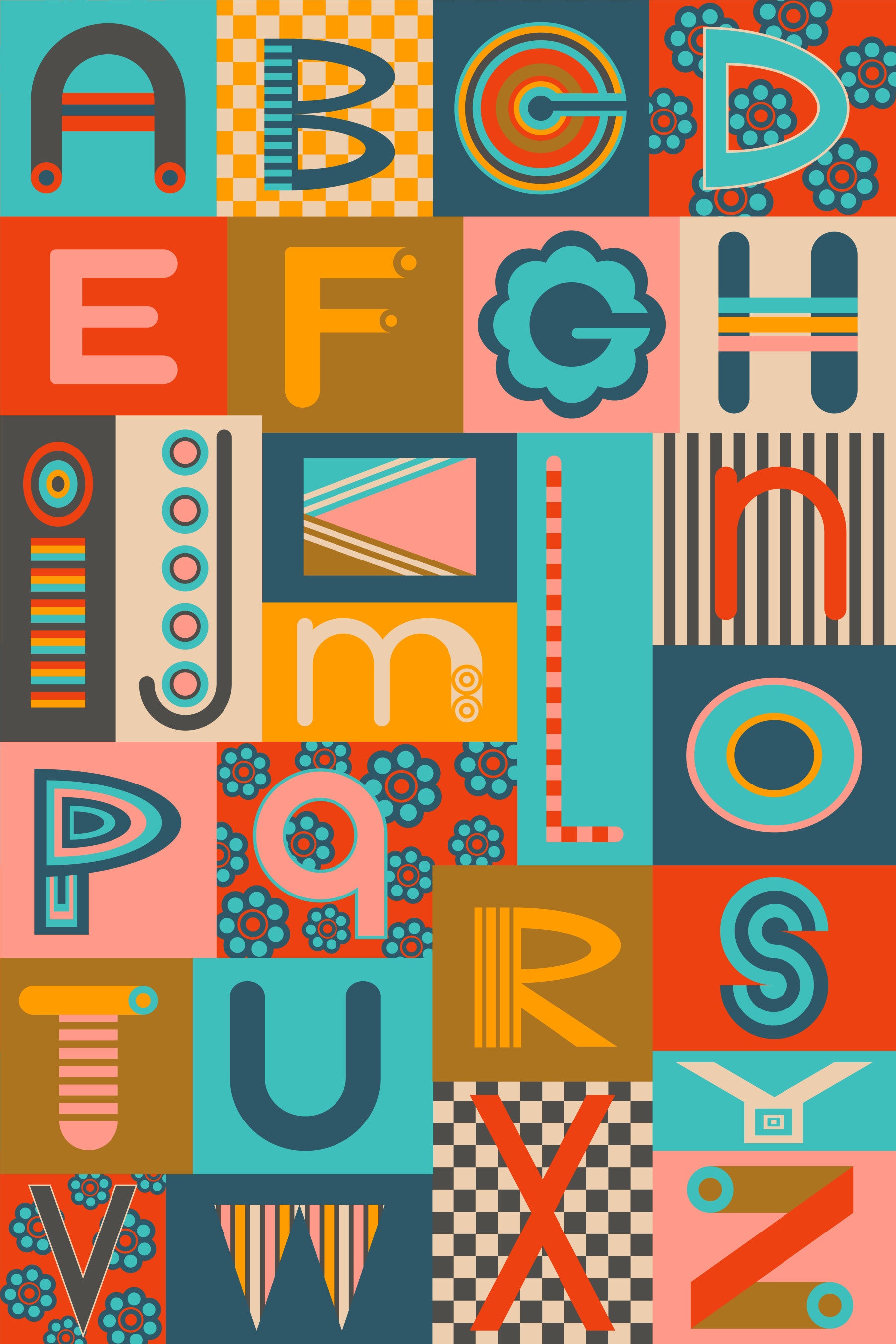 Geometric ABCs Retro Alphabet Graphic Lettering Postmodern Colors Wallpaper⁠
