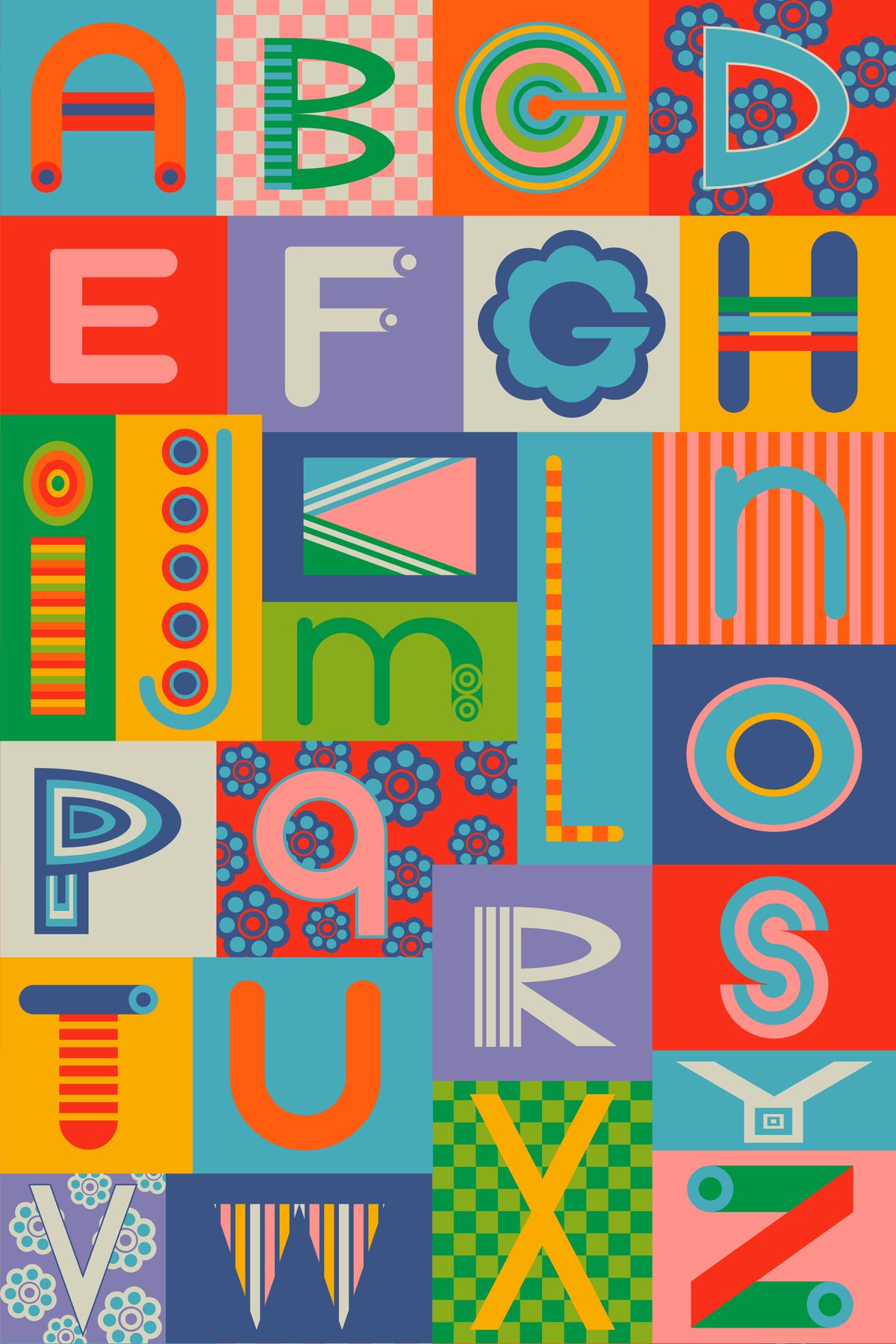 Geometric ABCs Retro Alphabet Graphic Lettering Rainbow Brights Colors Wallpaper⁠ in your room