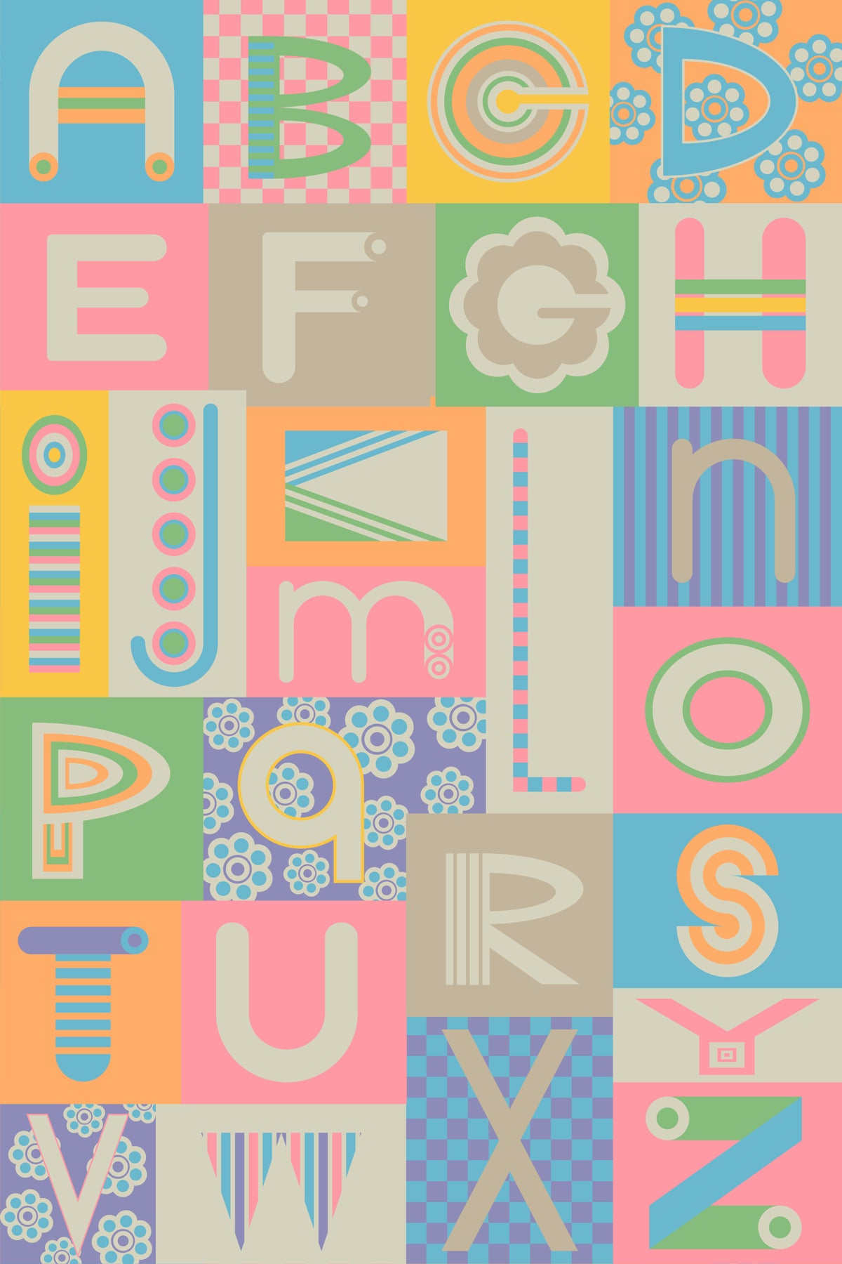 Geometric ABCs Retro Alphabet Graphic Lettering Nursery Pastels Colors Wallpaper⁠ in your room