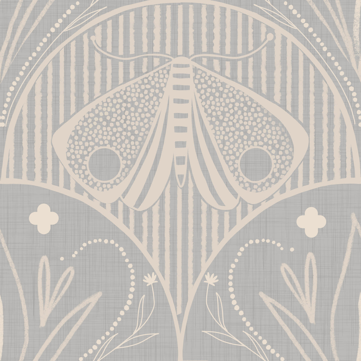 Boho Art Nouveau Scallop Butterfly Floral in Light Grey Wallpaper⁠ in your room — zoomed
