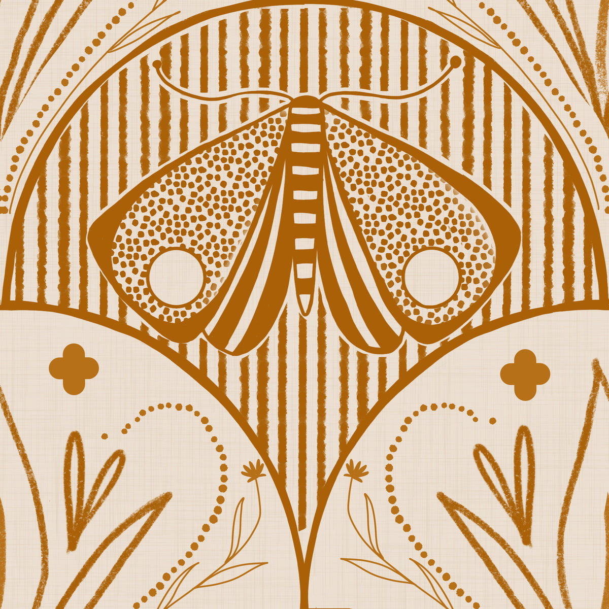 Boho Art Nouveau Scallop Butterfly Floral in Cream and Burnt Orange Wallpaper⁠ in your room — zoomed