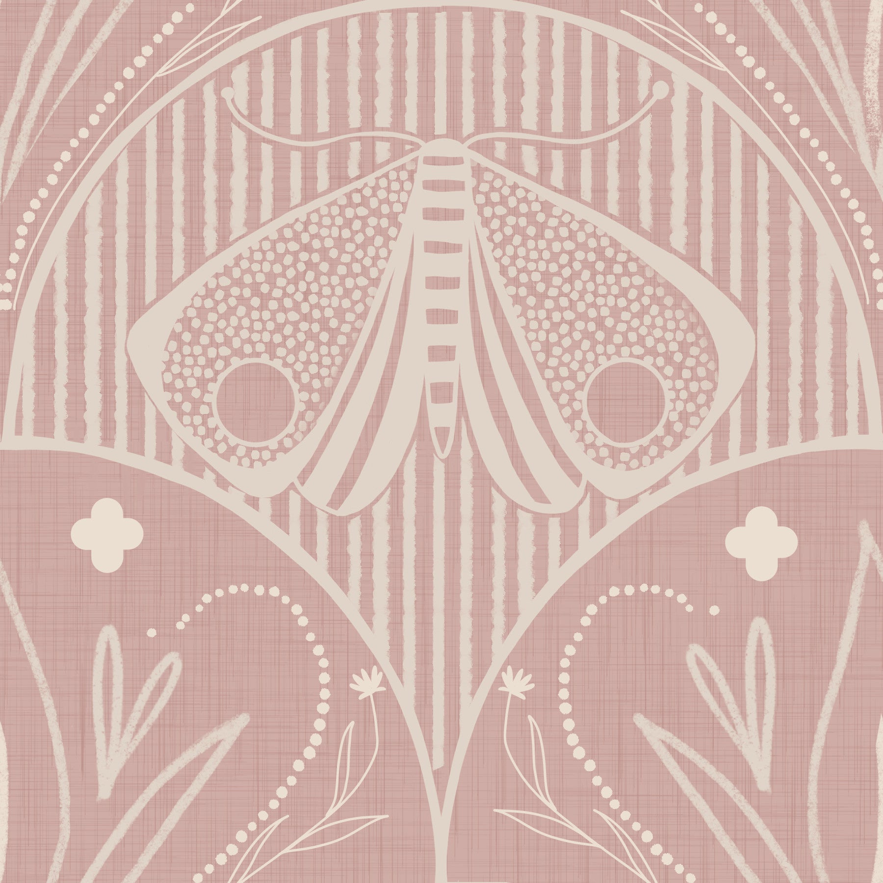 Boho Art Nouveau Scallop Butterfly Floral in Cream and Dust Pink Wallpaper⁠ in your room — zoomed