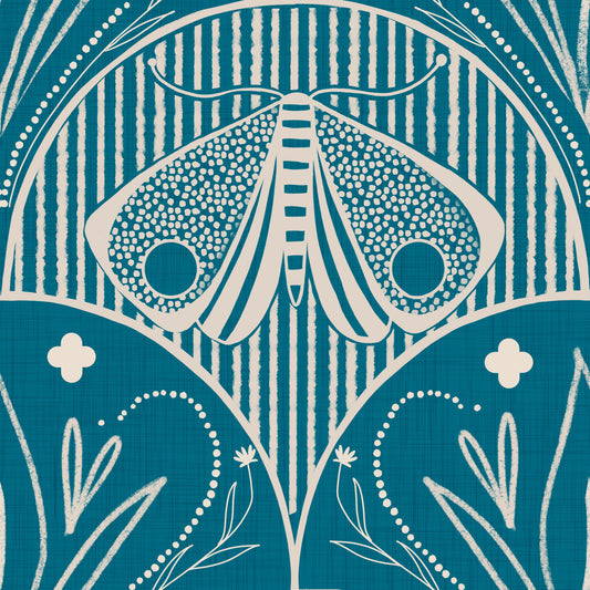 Boho Art Nouveau Scallop Butterfly Floral in Teal Blue Wallpaper⁠