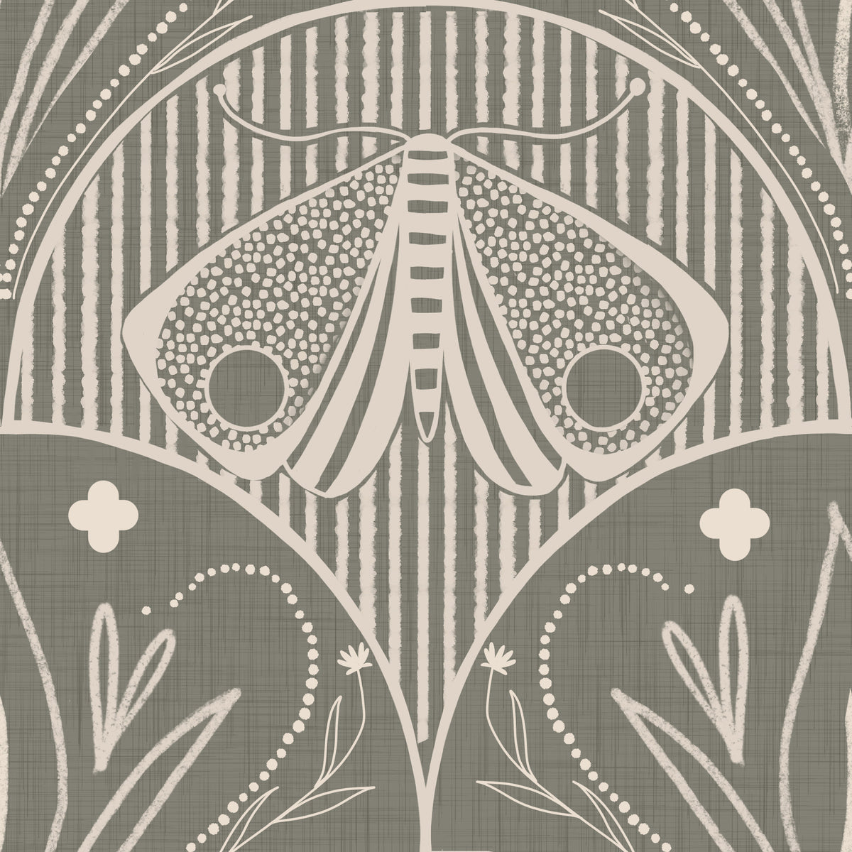 Boho Art Nouveau Scallop Butterfly Floral in Warm Taupe Grey Wallpaper⁠