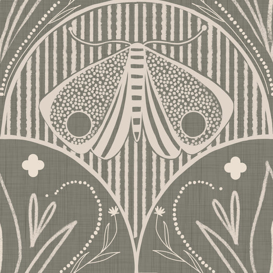 Boho Art Nouveau Scallop Butterfly Floral in Warm Taupe Grey Wallpaper⁠