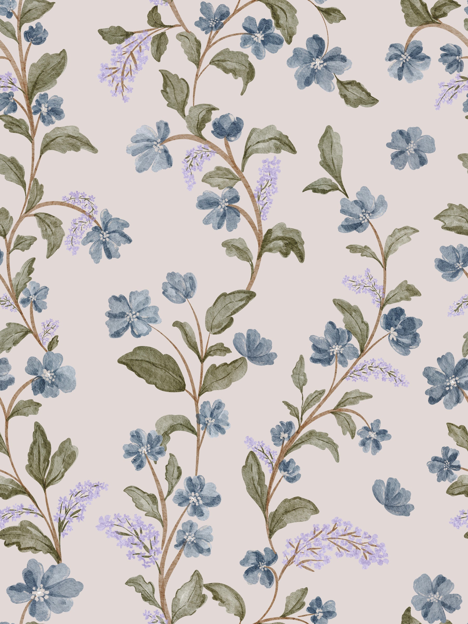Watercolor blue flowers on Denim Dreams Floral wallpaper.