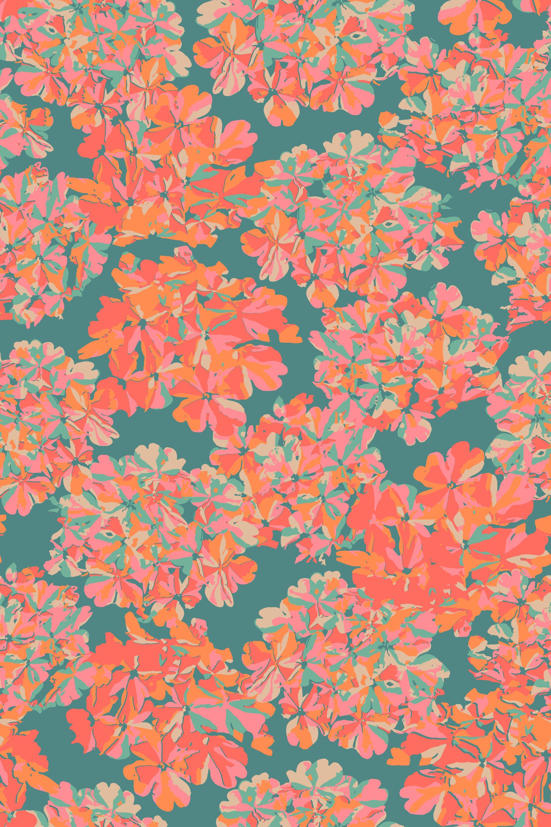 Vibrant apricot hydrangeas cover this teal wallpaper.