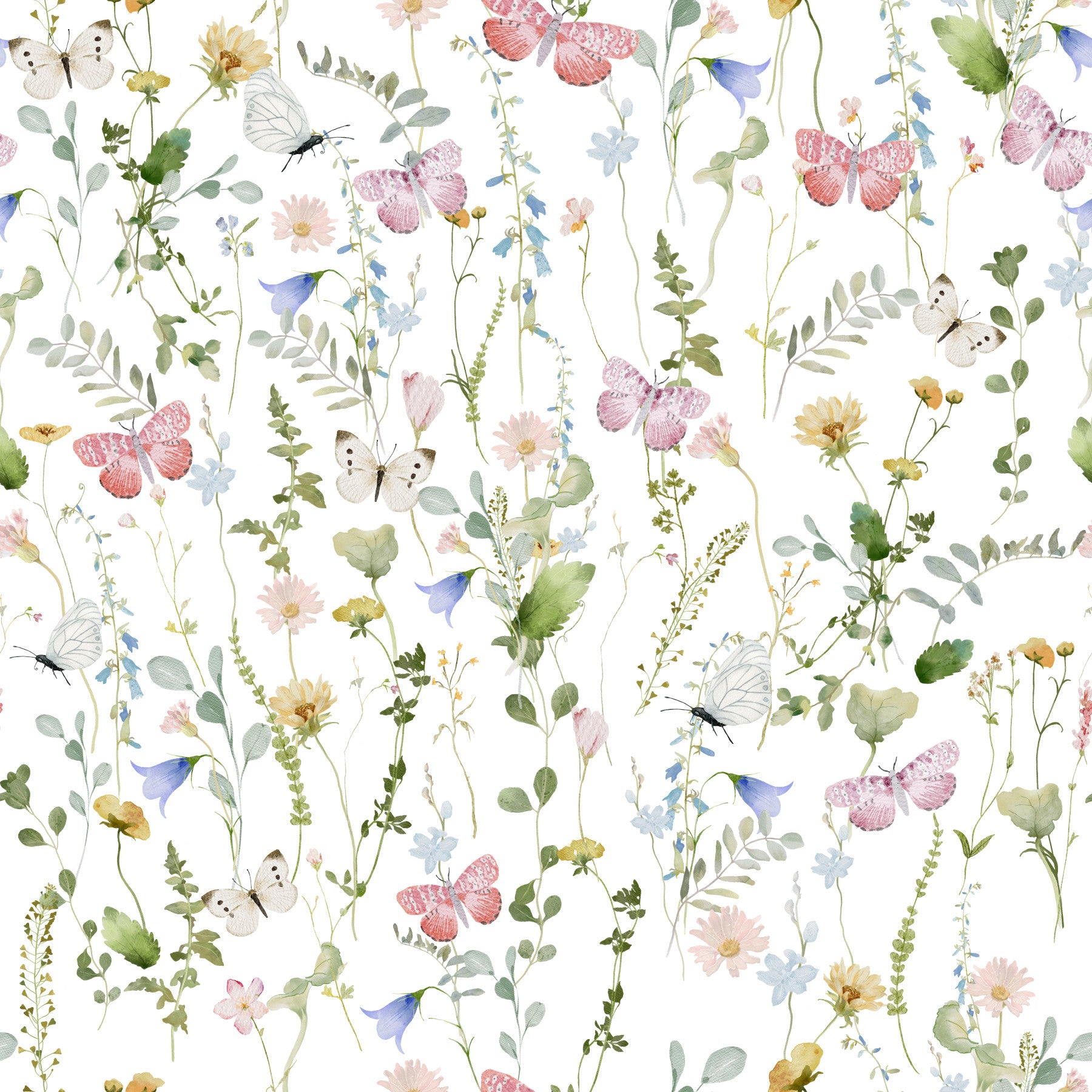Watercolor butterfly meadow wallpaper in soft pastel tones