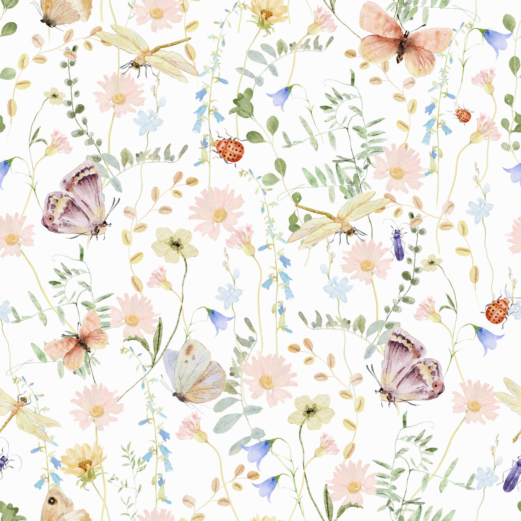 Charming Meadow Dreams wallpaper, a lovely pattern with painted florals and garden insects.