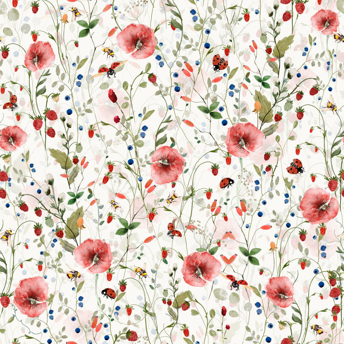 Watercolor Strawberry Flower Meadow Wallpaper⁠