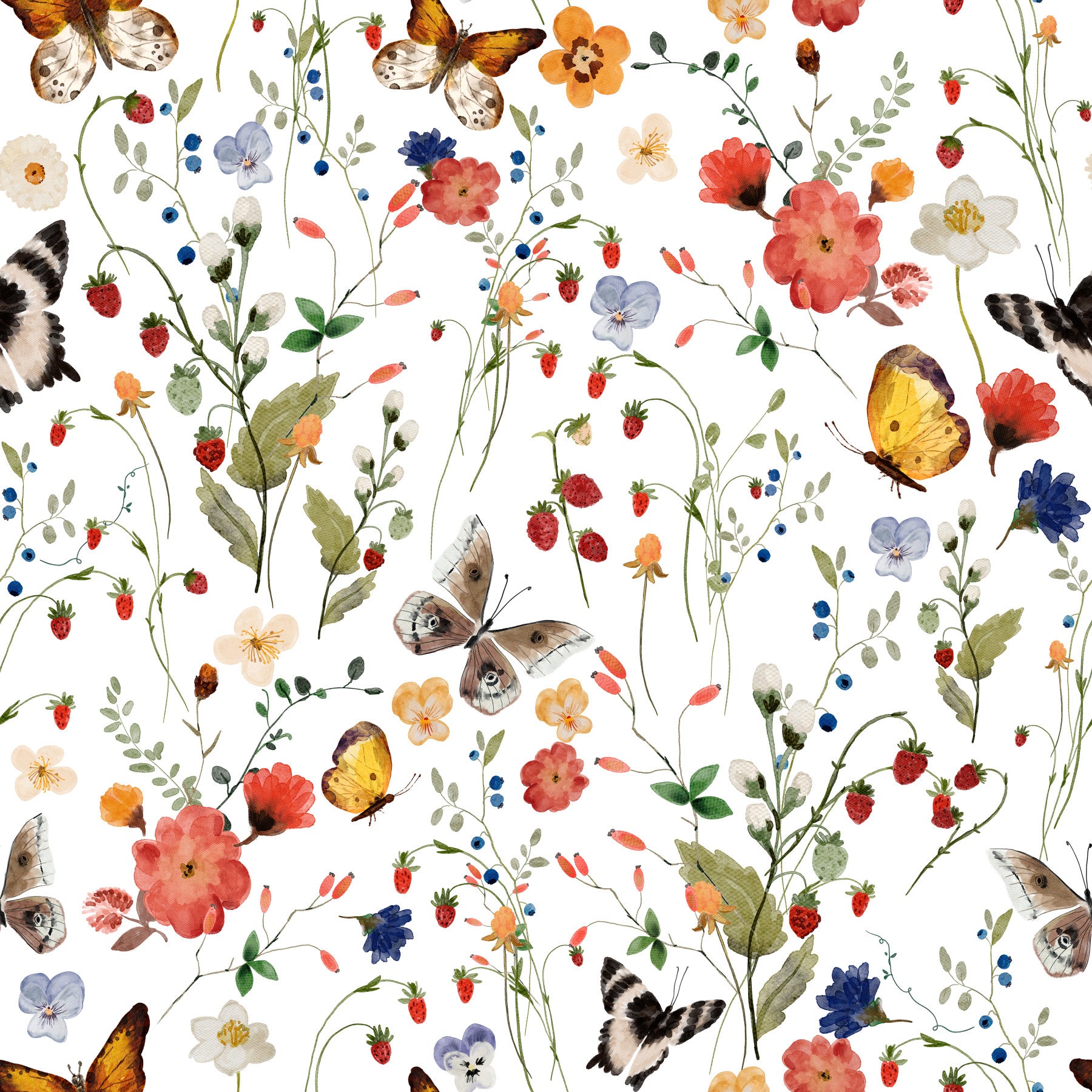 Meadow Magic wallpaper for walls, wildflower butterfly pattern.
