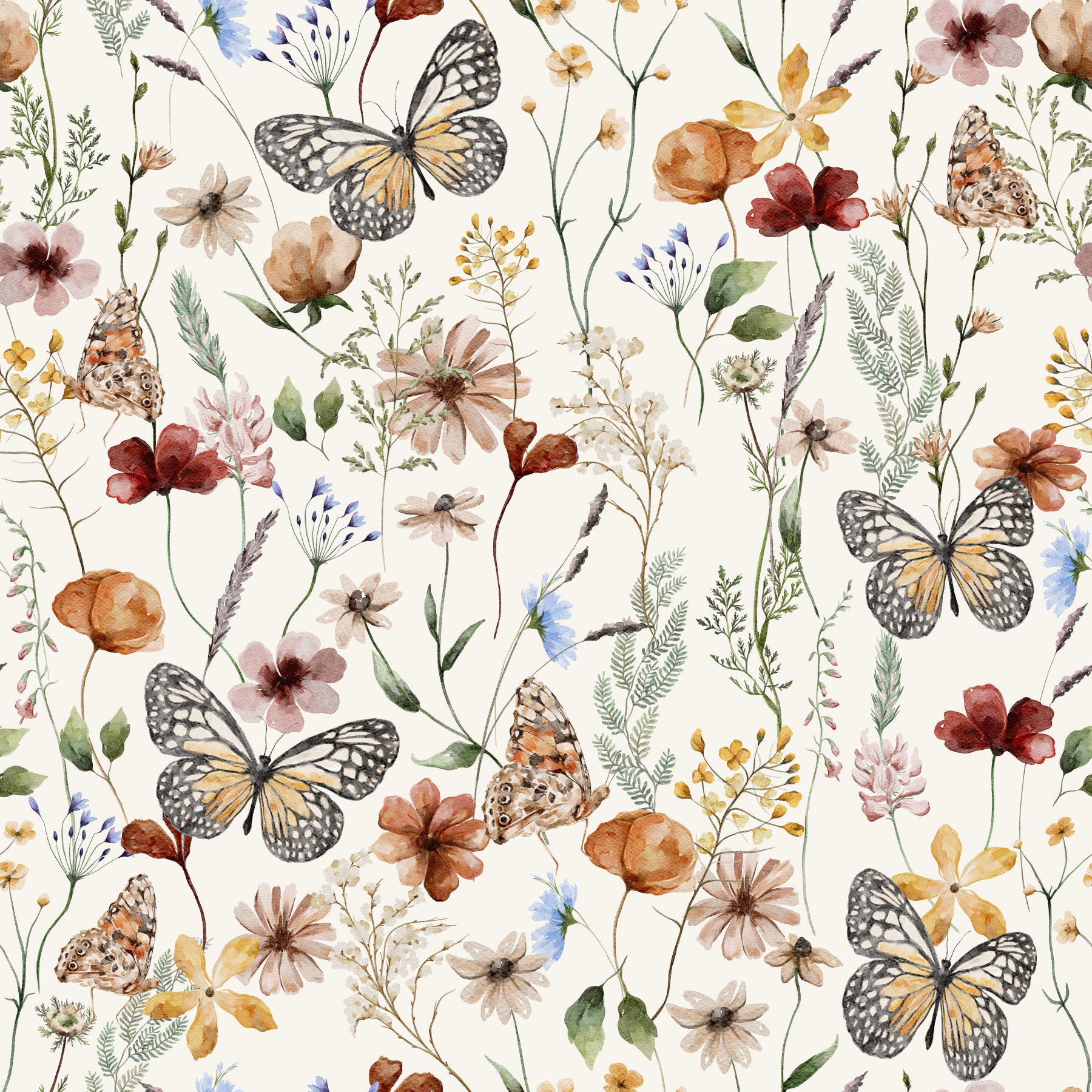 Meadow Butterflies wallpaper for walls, soft floral watercolor design.