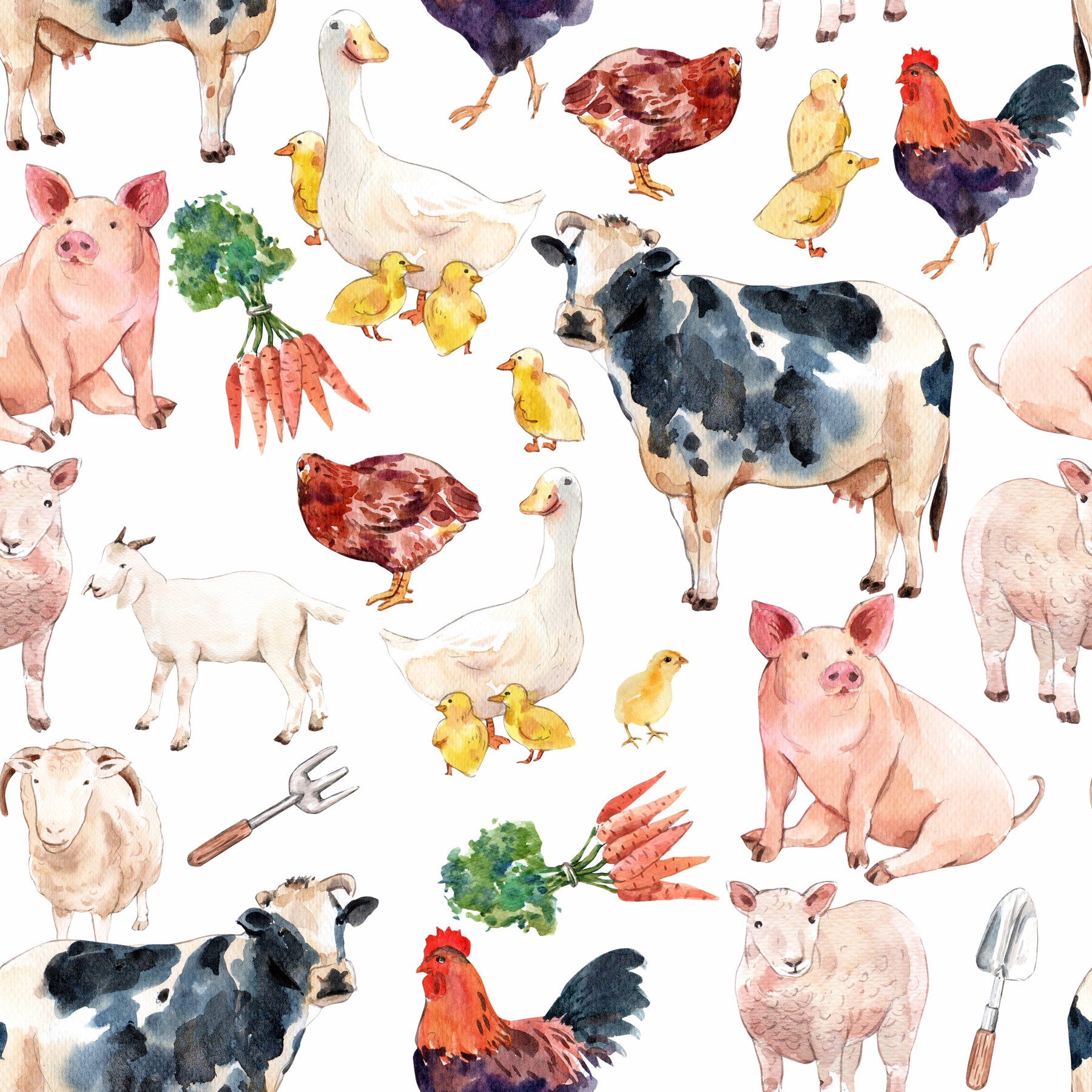 Farmyard Friends wallpaper features a watercolor cow, pig, and chicken print.