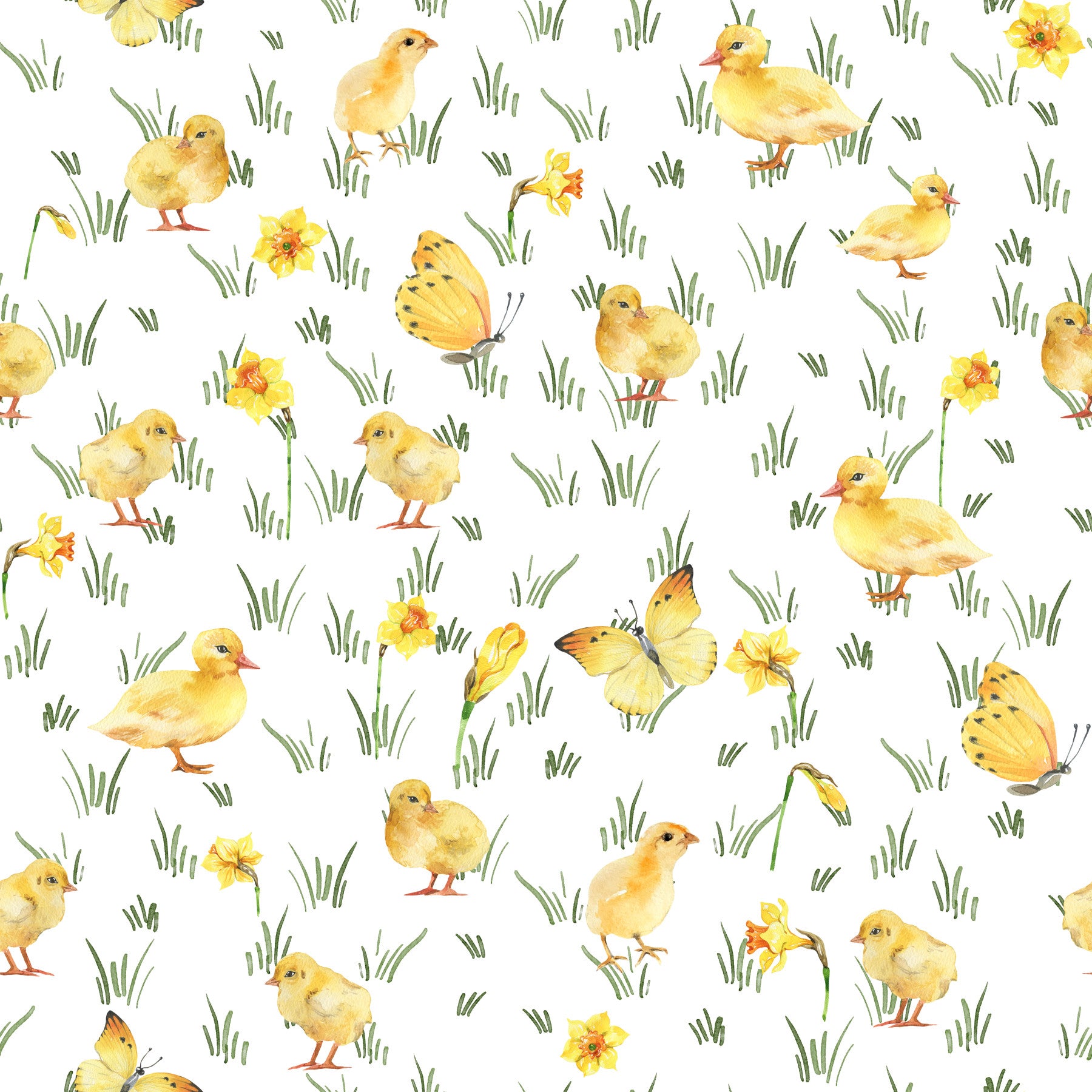 Watercolor Chicks Wallpaper charming spring ducklings and daffodils wall mural.