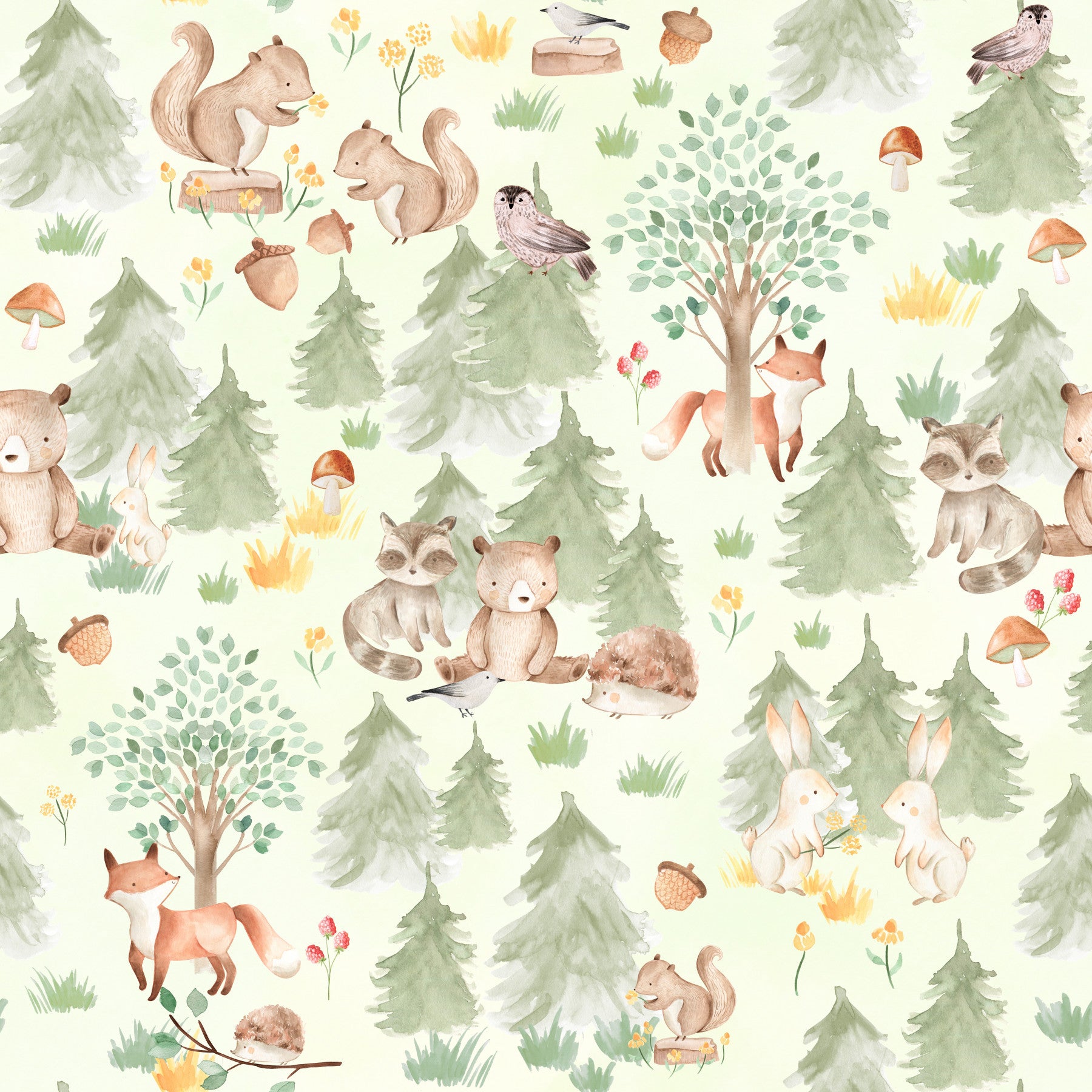 Charming wall mural featuring woodland animals and pine trees.