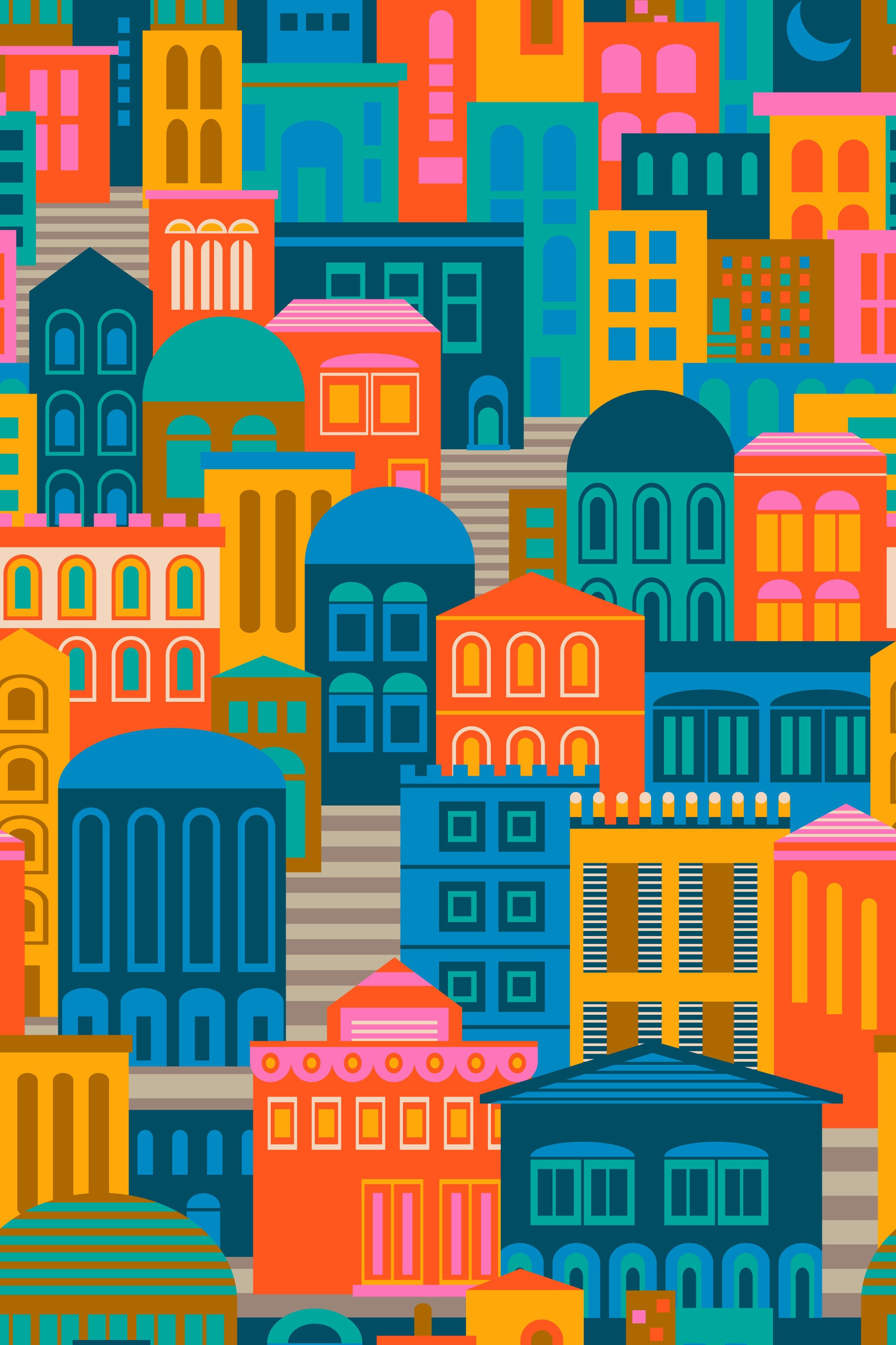 City Lights At Night Vintage Travel Bright Geometric Buildings Moon Rainbow Brights Wallpaper⁠