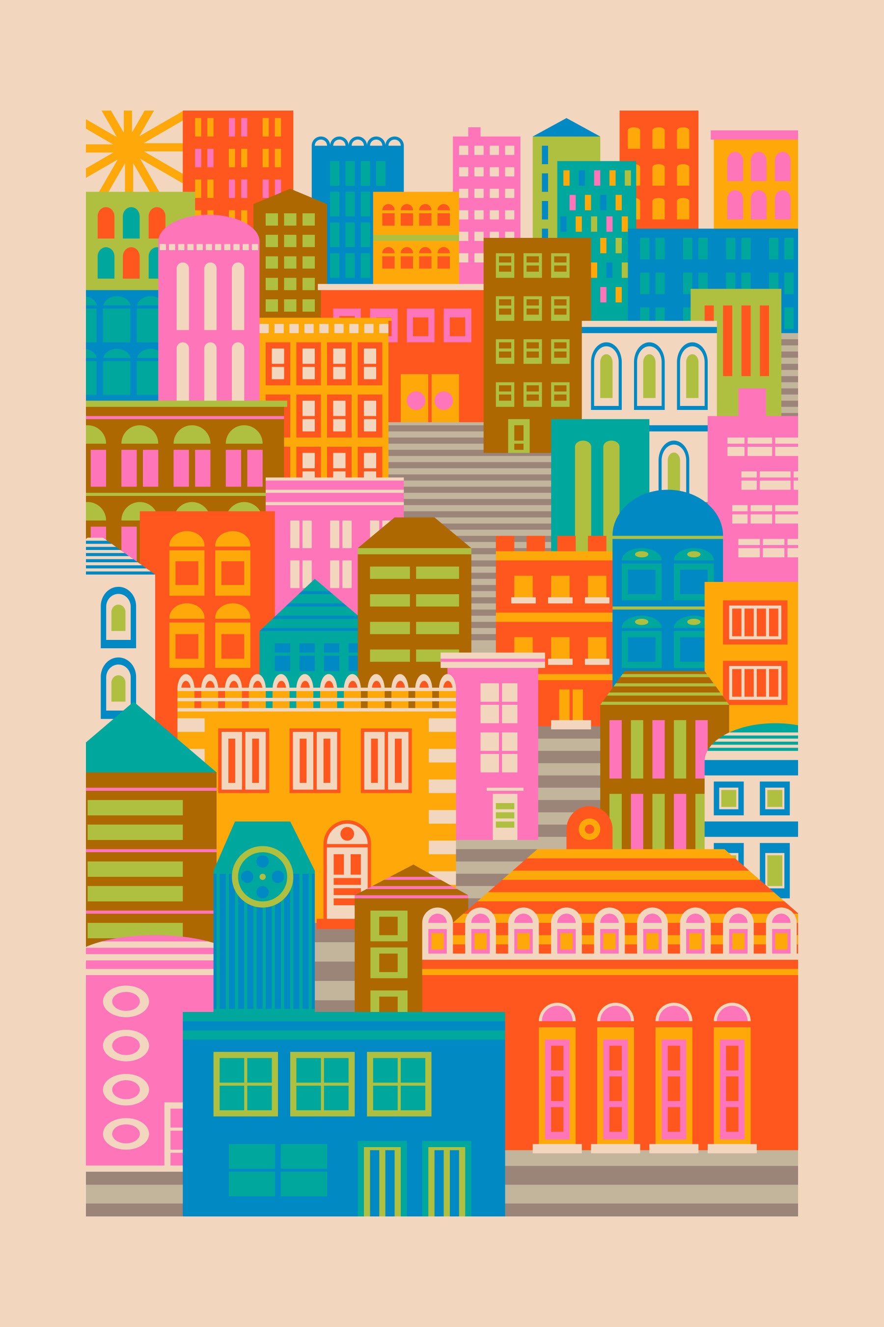 City Lights By Day Vintage Travel Bright Geometric Buildings Sunshine Rainbow Brights Wall Mural in your room — zoomed