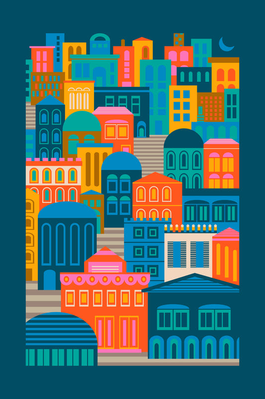 City Lights At Night Vintage Travel Bright Geometric Buildings Moon Rainbow Brights Wall Mural