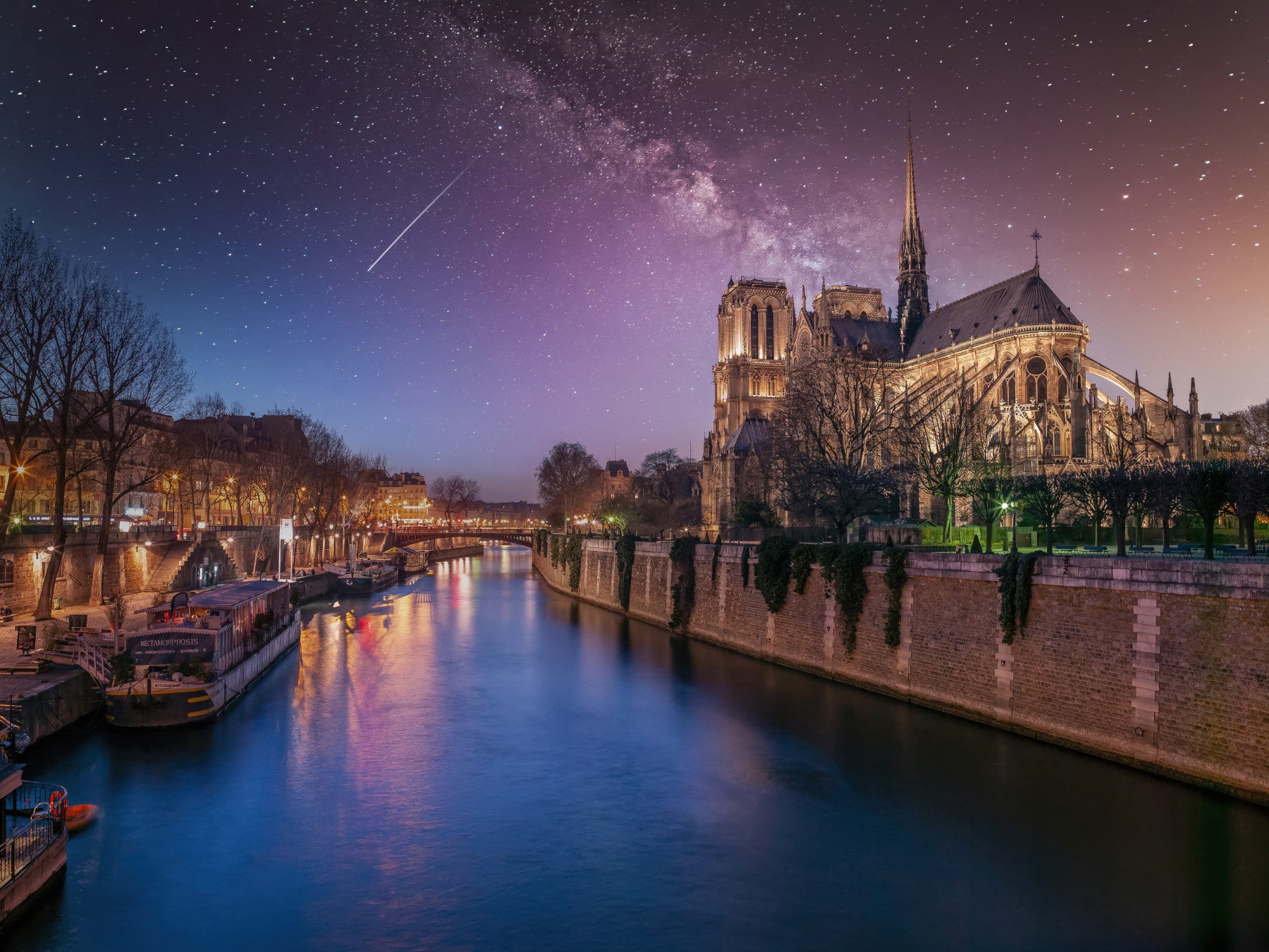 Paris cathedral view on Notre-Dame Starry Night wallpaper for bedroom walls.