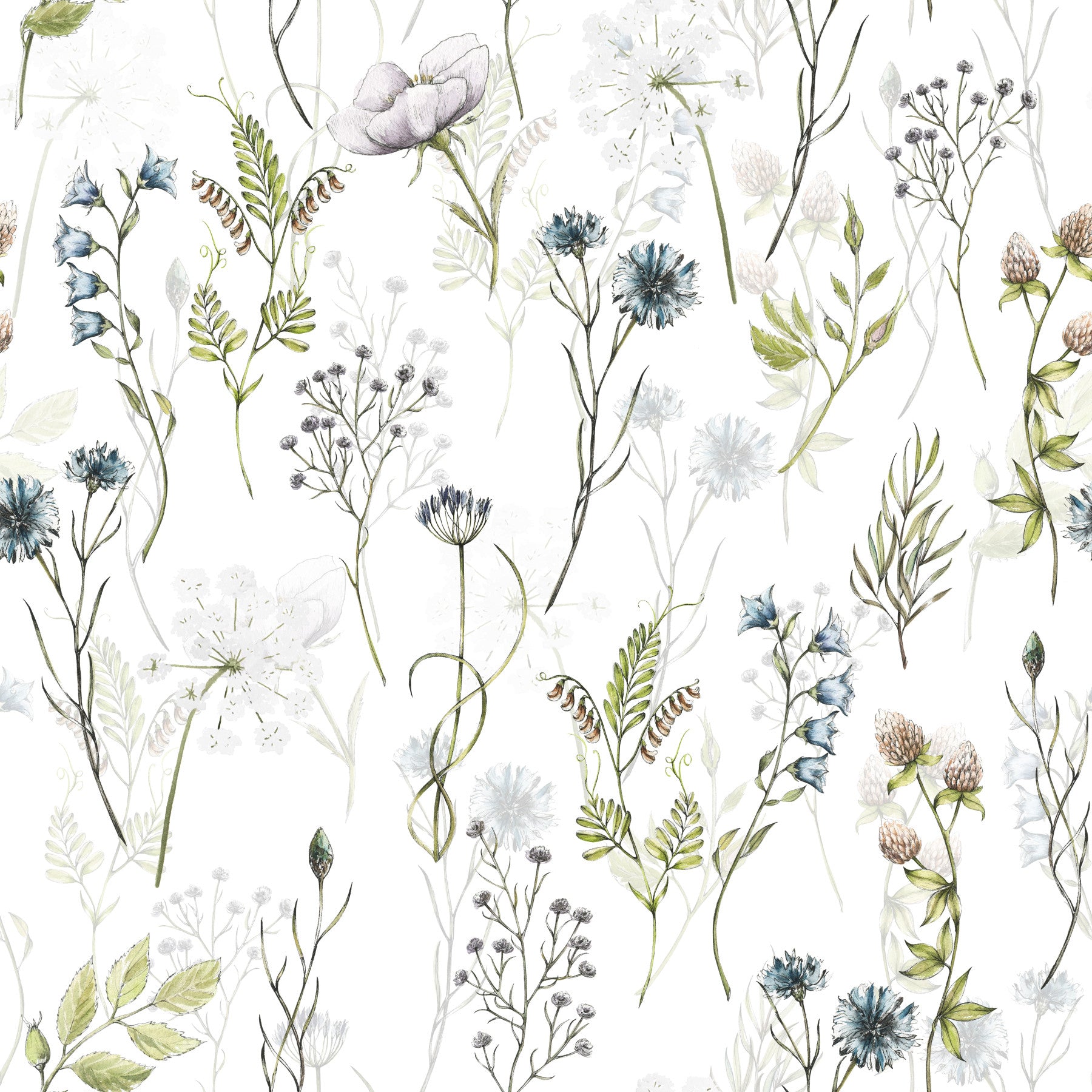 Painted Watercolor Meadow Blooms wallpaper mural with whimsical floral patterns.
