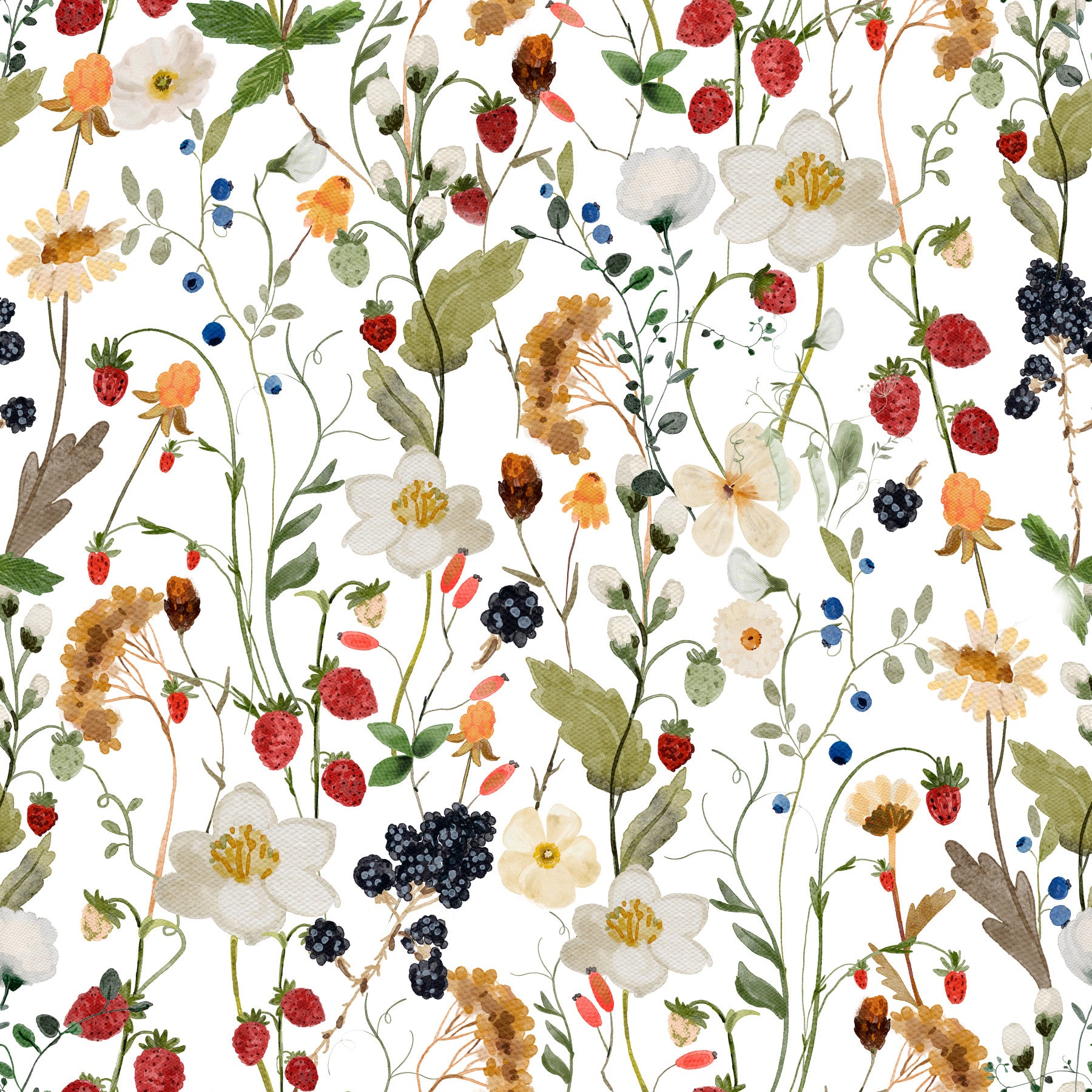 Wild Berry Bliss wallpaper, watercolor botanical pattern, berries, wildflowers.