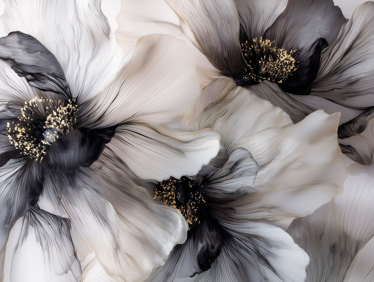 Monochrome Petal Ink Flow Harmony Wall Mural in your room — zoomed