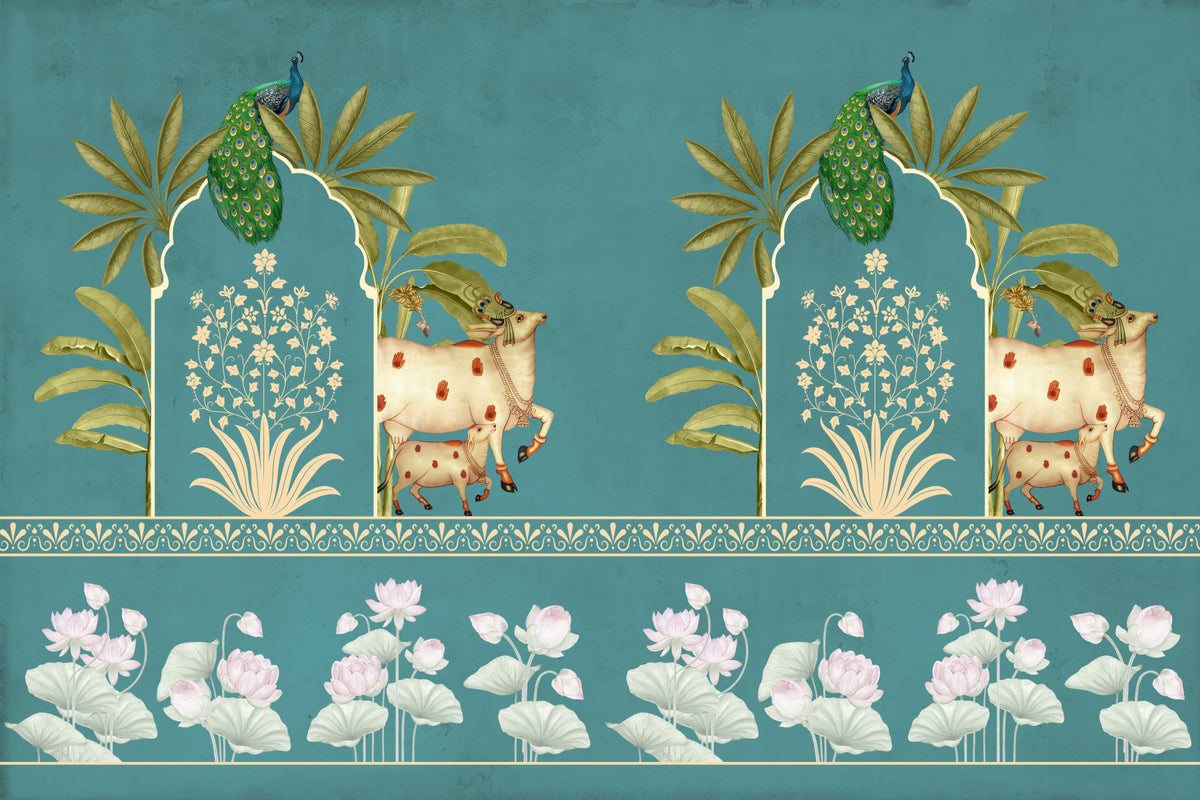 Firoza Pichwai Wall Mural in your room — zoomed