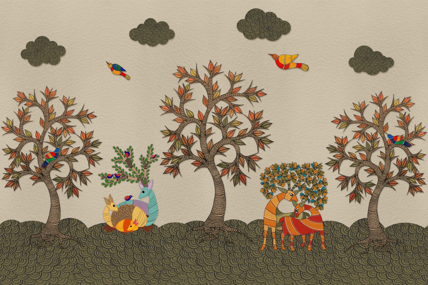 Nature wallpaper featuring hand-drawn trees, birds, and forest animals
