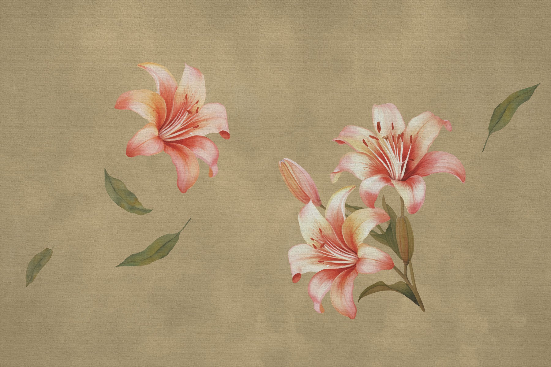 Lily floral mural in living room, calm modern color tones
