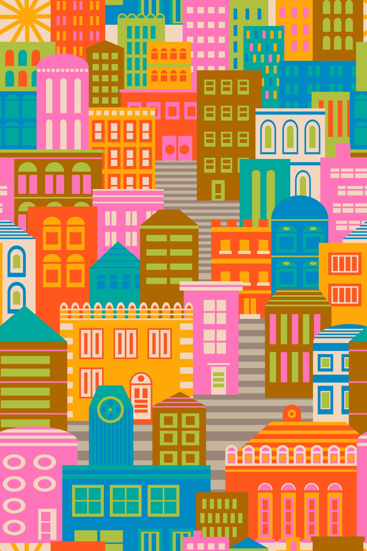 City Lights By Day Vintage Travel Bright Geometric Buildings Sunny Rainbow Brights Wallpaper⁠ in your room