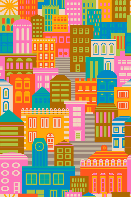 City Lights By Day Vintage Travel Bright Geometric Buildings Sunny Rainbow Brights Wallpaper⁠