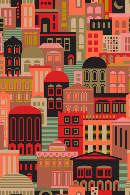 City Lights At Night Vintage Travel Bright Geometric Buildings Moon Vintage 1950s Colours Wallpaper⁠