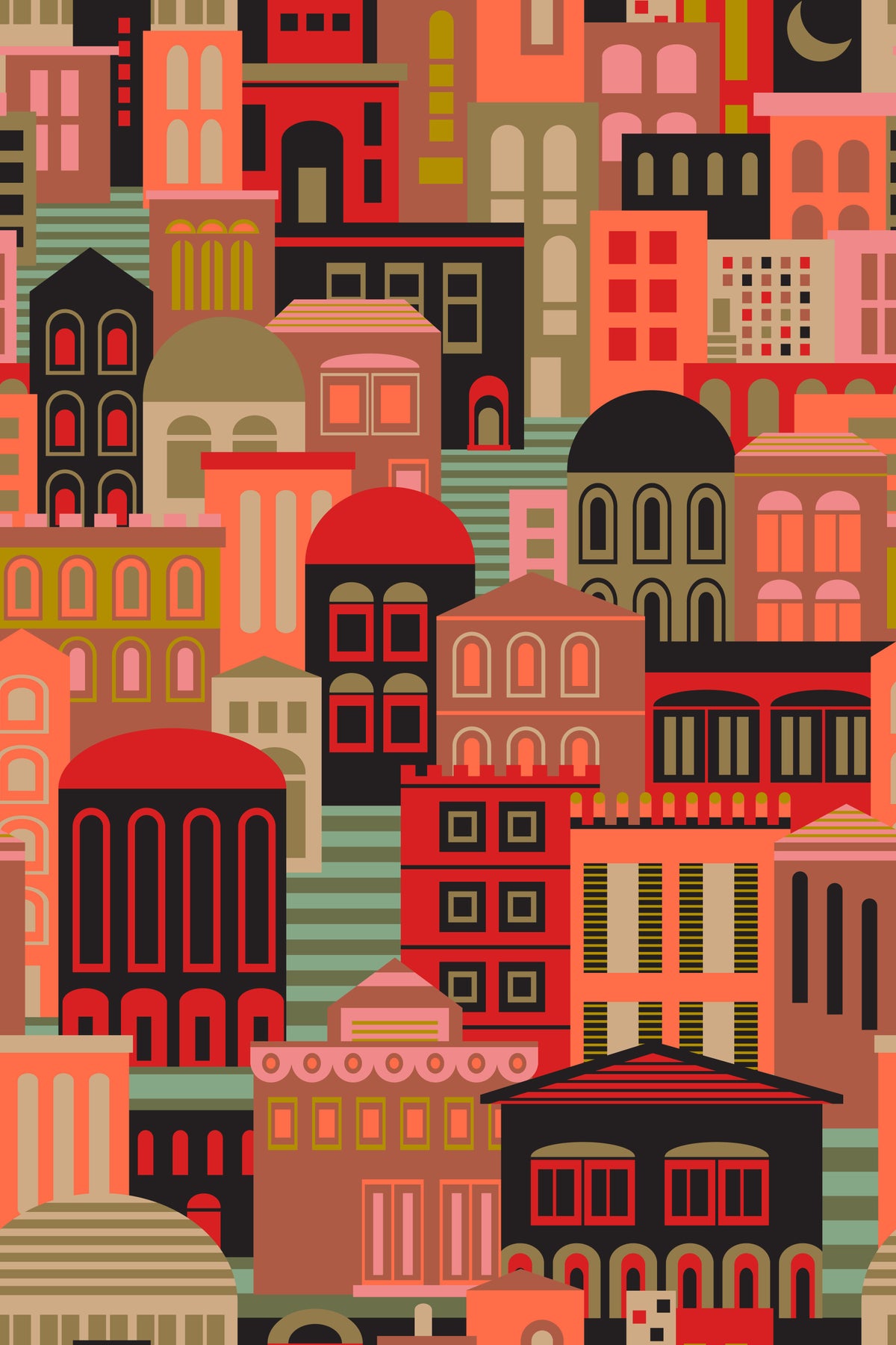 City Lights At Night Vintage Travel Bright Geometric Buildings Moon Vintage 1950s Colours Wallpaper⁠ in your room