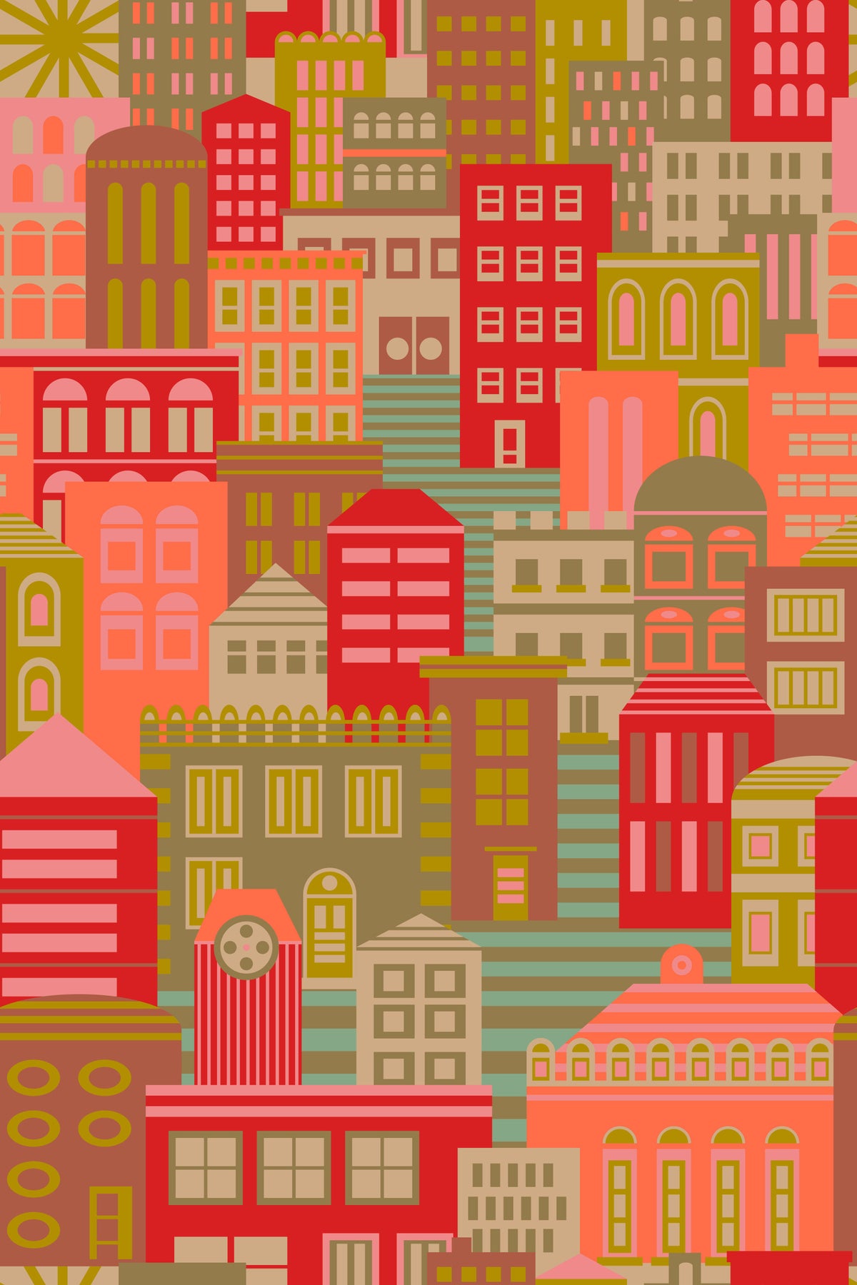 City Lights By Day Vintage Travel Bright Geometric Buildings Sunny Vintage 1950s Colours Wallpaper⁠ in your room