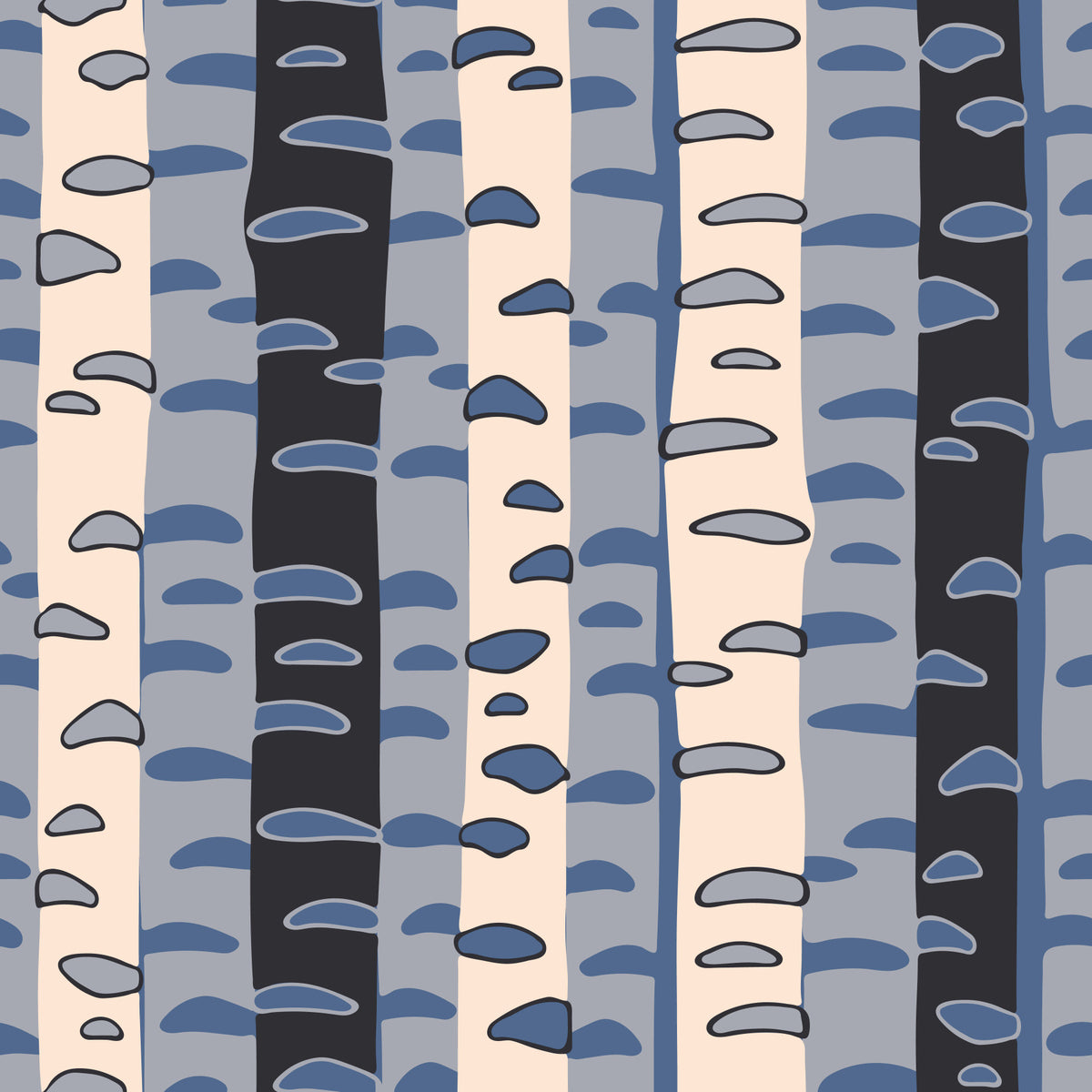 Birch Tree Stripes Retro Abstract Forest in Blue Black Cream Gray Wallpaper⁠ in your room — zoomed
