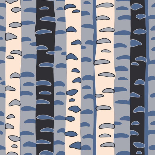 Birch Tree Stripes Retro Abstract Forest in Blue Black Cream Gray Wallpaper⁠