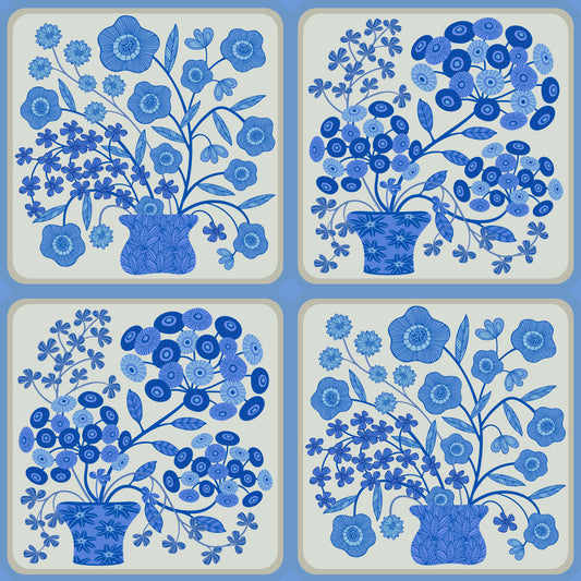 Flower Bouquet Tiles Floral Light Delft Blue and White Wallpaper⁠