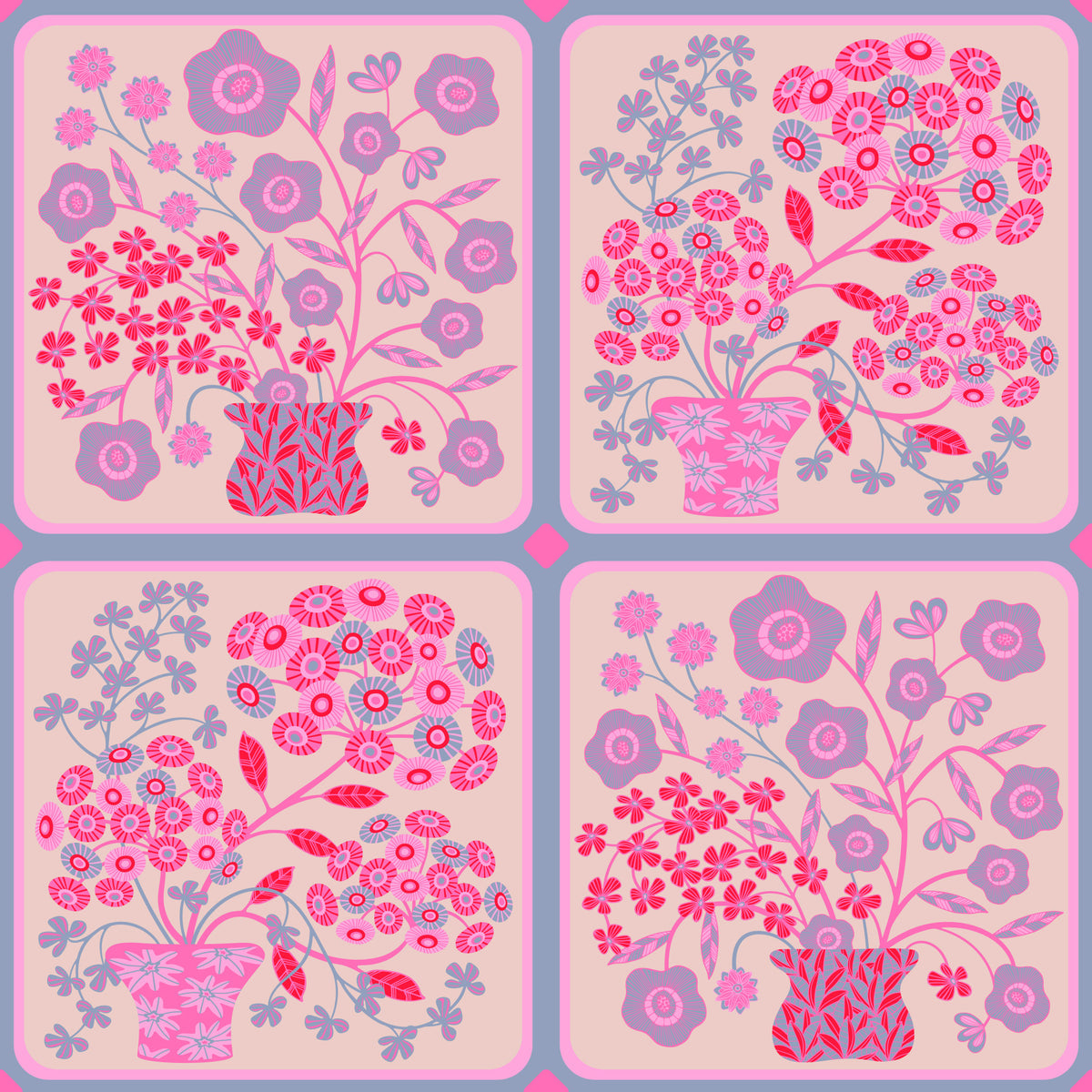 Flower Bouquet Tiles Floral Pretty Pink Red Fuchsia Lavender Purple Wallpaper⁠ in your room